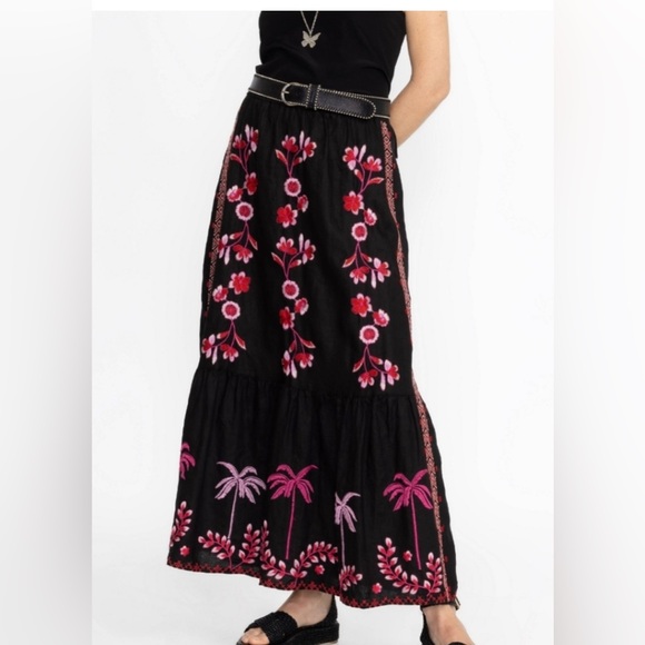 Johnny Was Black Pink Embellished Maxi Skirt